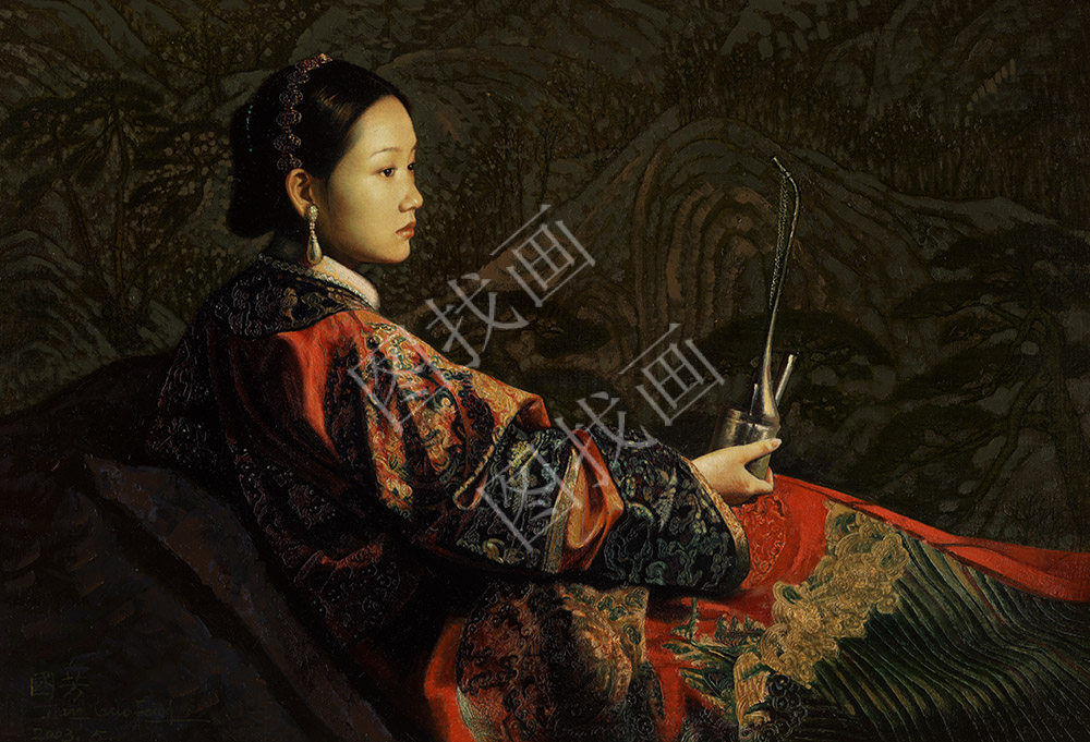近现代 姜国芳 拿烟斗的女人 60x90cm